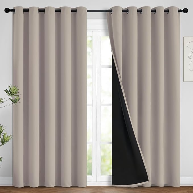Yakamok 100% Blackout Curtains 96 Inches Long, 2 Thick Layers Heat and Full Light Blocking Soft Thermal Insulated Drapes for Bedroom(62" Wide Each Panel, Natural, 2 Panels)