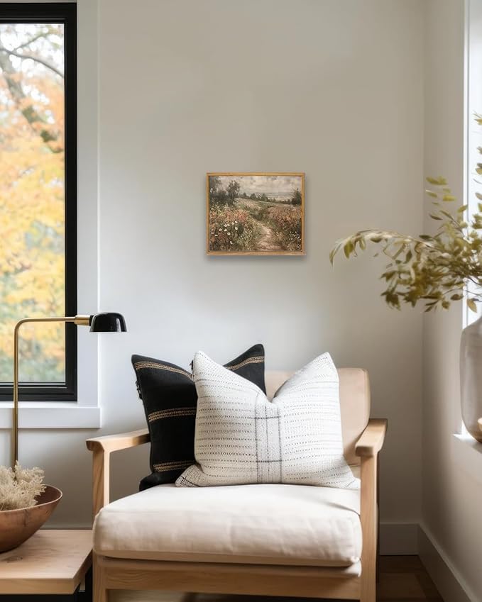 KBKBART Framed Canvas Wall Art - Vintage Countryside Wildflower Field Painting - Retro Nature Wilderness Canvas Art Prints - Rustic Landscape Wall Decor for Living Room, Bedroom & Bathroom (8"x10")