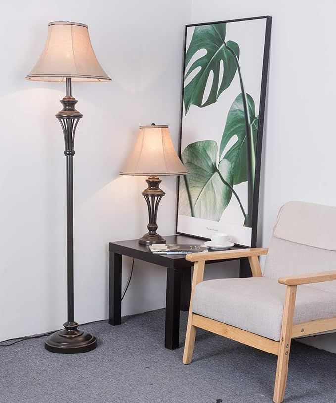 3 Pack Lamp Set (2 Table Lamps, 1 Floor Lamp), 3-Piece Vintage Style Table and Floor Lamp Set in Bronze Finish with Brown Fabric Lamp Shades, 26" and 61"(H), Solid Iron
