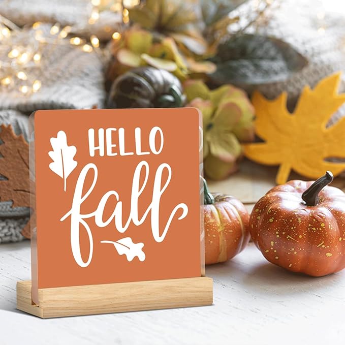 Hello Fall Decor Rustic Fall Decorations for Home Office Cute Autumn Thanksgiving Decor Farmhouse Harvest Acrylic Decorations for Bedroom Table 5 x 5 inches (Acrylic 1705)