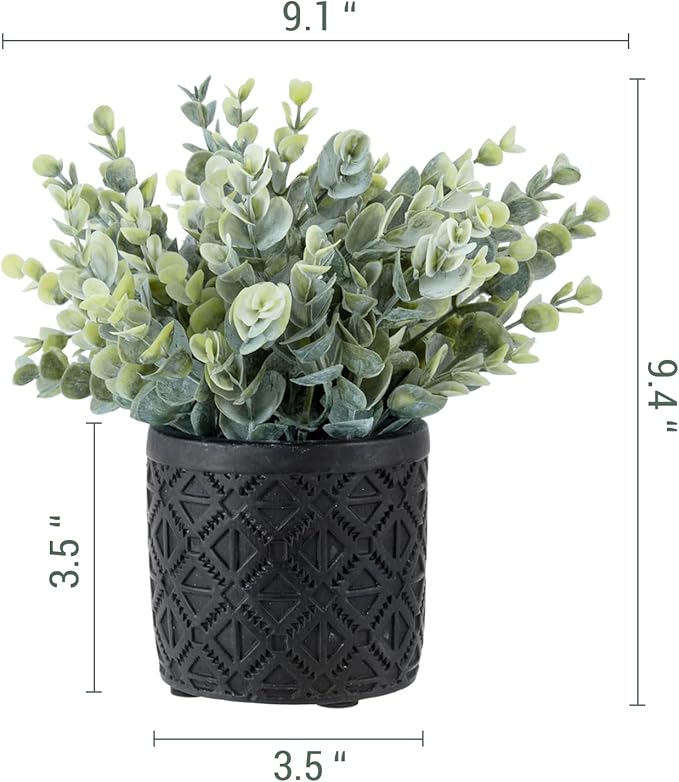 MyGift Artificial Eucalyptus Plant in Modern Gray Concrete Pots with Geometric Embossed Pattern (1, Black)