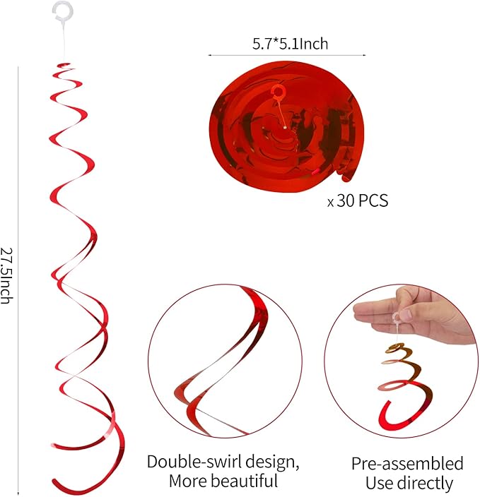 30 Pieces Red Party Swirls Decorations, Foil Ceiling Hanging Swirls Whirls Decoration for Wedding Baby Shower Anniversary Graduation Party Supplies