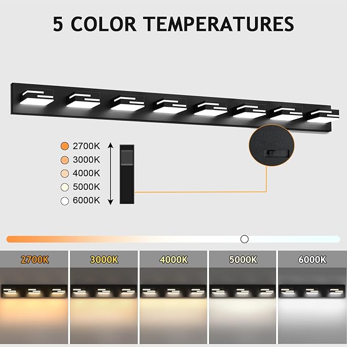 LED Modern Bathroom Vanity Light Fixtures 8-Light 5CCT Dimmable Matte Black Vanity Lights for Bathroom Lighting Fixtures Over Mirror, with 350° Rotatable Acrylic Heads, 55-inch