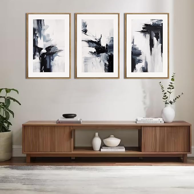 IARTTOP Large Abstract Modern Minimalist Neutral Framed Canvas Wall Art 16x24 Inch Black and White Wall Decor Set of 3 for Living Room Bedroom Office