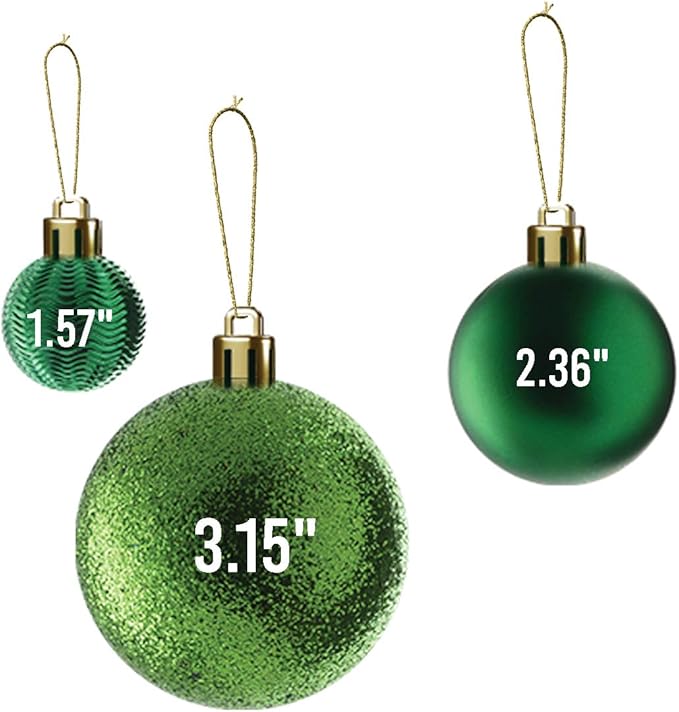 Prextex 36pc Shatterproof Green Christmas Balls Ornament Set - Festive Christmas Tree Ornaments in 3 Different Sizes and 6 Styles - Holiday Decoration with Hanging Loops for Tree, Wreath, Party Decor