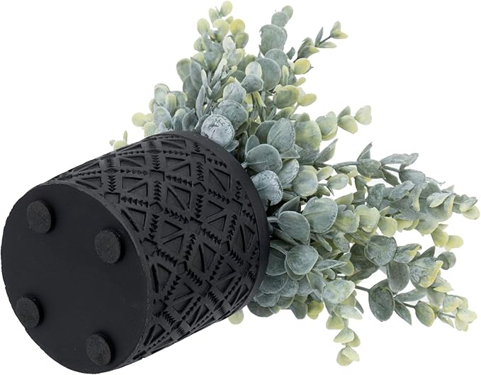 MyGift Artificial Eucalyptus Plant in Modern Gray Concrete Pots with Geometric Embossed Pattern (2, Black)