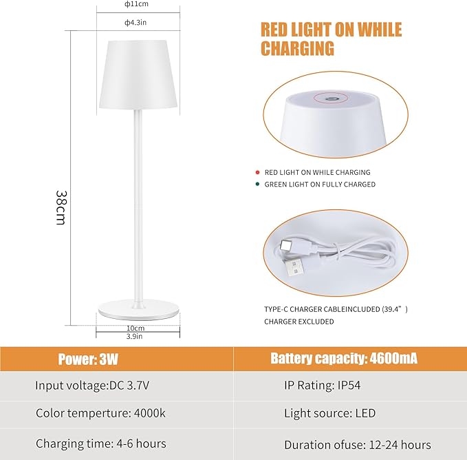 Cordless Table Lamps USB Rechargeable Simplicity Desk Lamp Built-in 4600 mAh Battery LED Battery Operated lamp with Touch Control Table lamp - Bedroom/Desk/Reading/Patio(White)