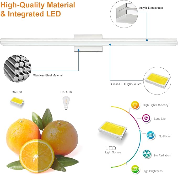 SineRise 48-Inch LED Modern Bathroom Vanity Light Bar, Chrome Modern Acrylic Bathroom Wall Lighting Fixtures Over Mirror (Cool White 6000K)