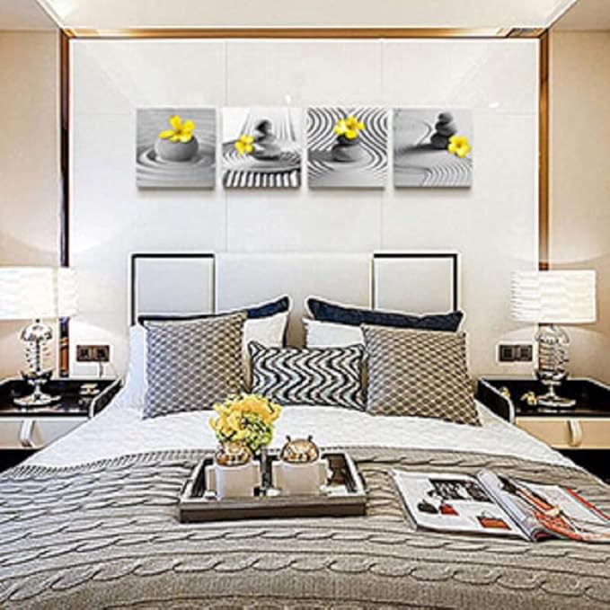 Yxbhhym Yellow Gray Wall Art Black White Zen Wall Art Floral Wall Pictures Flower Zen Painting Stone Sand Pebble Canvas Poster Artwork for Wall Decor Living Room Bedroom Bathroom Decor Framed
