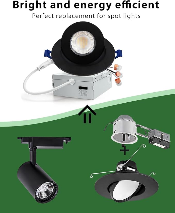 zouzai Second Generation 5CCT LED Gimbal Led Recessed Light with Junction Box, 360ยฐ+90ยฐ Adjustable Directional Eyeball Lighting, Dimmable, 2700K-5000K,ETL&Energy Star (Black 1 Pack, 4 inch)