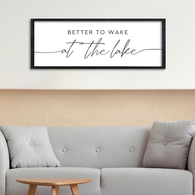 Surfapans Better To Wake At The Lake Bed Sign Wall Art Decor 32"×12" for Lake House Bedroom Above Over Bed Large Wood Framed Wall Hanging (Black)