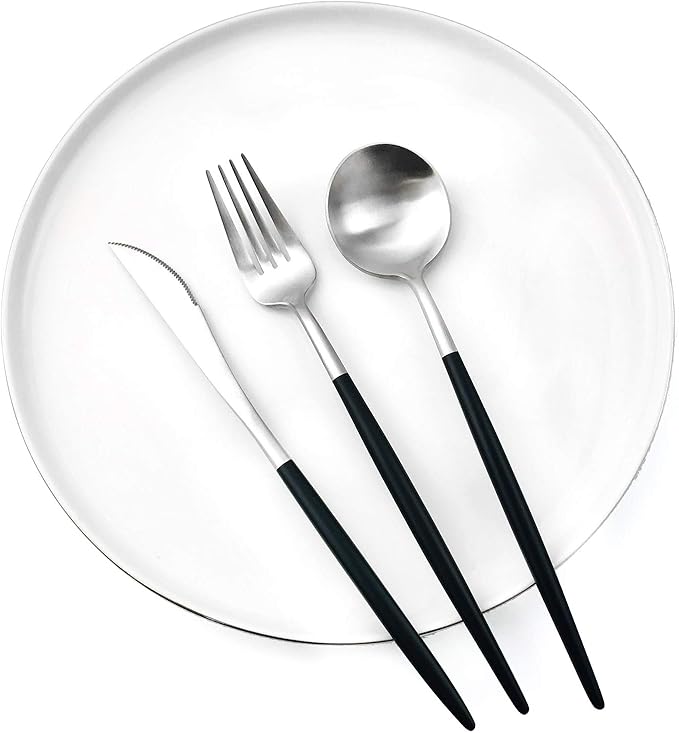 Gugrida Black Silver Flatware, Royal 20 Piece Matte Black Handle 18/10 Stainless Steel Tableware Sets for 4 Including Forks Spoons Knives, Camping Silverware Travel Utensils Set Cutlery (Black Silver)