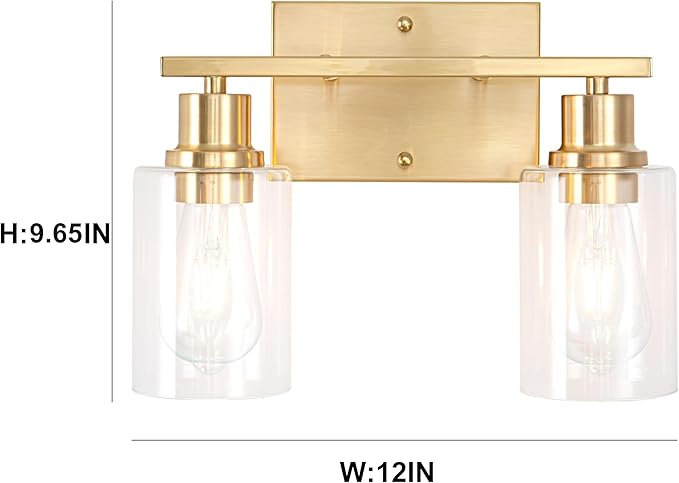 EMONG Gold Bathroom Light Fixtures, 2-Lights Brushed Brass Vanity Light with Clear Glass Shade, Modern Wall Sconces for Hallway, Farmhouse, Living Room