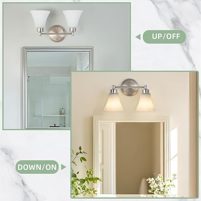 LOUSACE 2 Light Bathroom Vanity Light Brushed Nickel Bathroom Lighting Fixtures Over Mirror with Opal White Frosted Glass, Vintage Traditional Wall Lighting Fixture Satin Nickel Vanity Lights