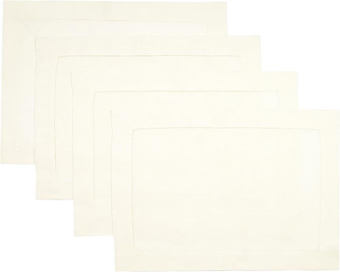 D'Moksha Homes Linen Placemats Set of 8 - Classic Hemstitch Ivory Placemats 14 x 19 Inch - 100% Pure Linen Table Mats for Fall, Autumn and Halloween - Handcrafted and Machine Washable