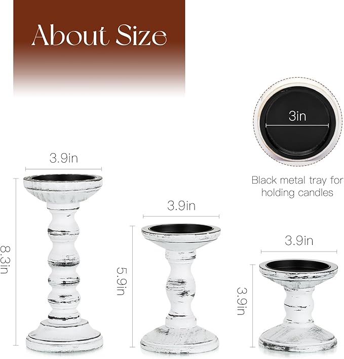 Wood Candle Holders for Pillar: Rustic Candles Holder Set of 3 Table Centerpiece Decor Wooden White Farmhouse Decorations for Fireplace Mantle