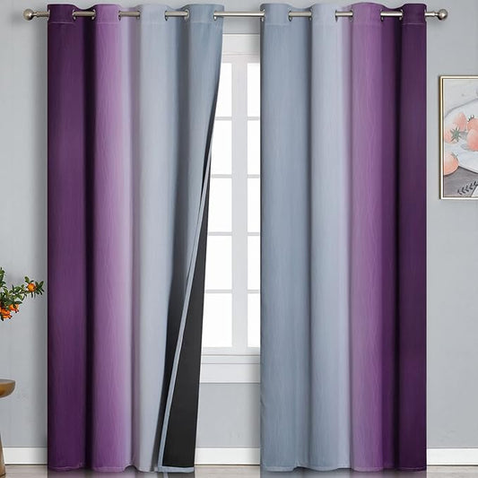 Estelar Textiler Purple and Grey Ombre Blackout Curtains 90 Inches Long 2 Panels Set, Thermal Insulated Drapes for Bedroom,Full Light Blocking Grommet Gradient Curtains for Living Room, 52Wx90L