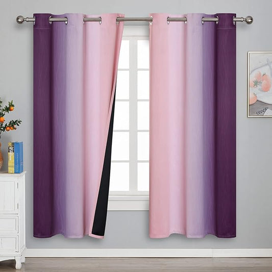 Estelar Textiler Ombre Pink and Purple Blackout Curtains 72 Inch Length 2 Panels, Full Light Blocking Curtains for Bedroom, Grommet Thermal Insulated Gradient Drapes for Living Room, 42x72 Inch