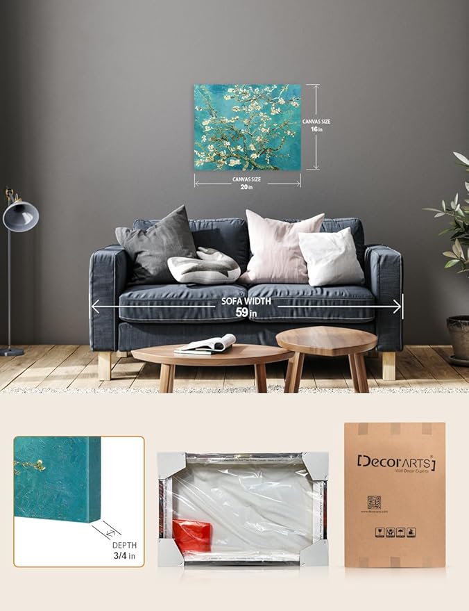 DECORARTS - Almond Blossom Tree - Vincent Van Gogh Art Reproduction. Giclee Canvas Prints Wall Art for Home Decor 20x16