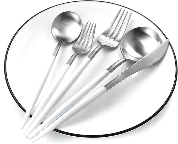 Gugrida White Silver Flatware, Royal 20-Piece Matte White Handle 18/10 Stainless Steel Tableware Sets for 4 Including Forks Spoons Knives, Camping Silverware Travel Utensils Set Cutlery (White Silver)