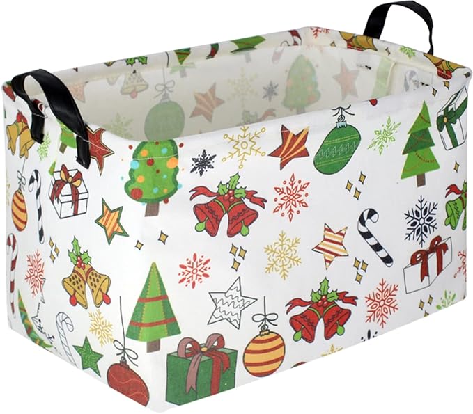 CLOCOR Rectangular Christmas Basket,Cute Pattern Christmas Gifts Basket Empty,Waterproof Christmas Storage Box with Handles,Kids Room Decor(Gift Basket)