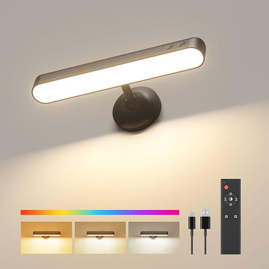 Wall Sconce with 7500mAh Rechargeable Battery LED Wall Light for Bedroom with Remote Control, 3 Colors Wireless Wall Lamp 360° Rotation Dimmable Brightness with 15 RGB Colors,Black,1 Pack