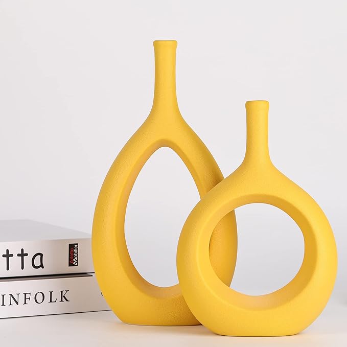 Yellow Ceramic Hollow Elliptical Vase Set of 2 - Boho Circle Vase with Hole, for Modern Yellow Table Decor, Living Room Decor Shelf mid Century Modern Home Entrance Decorative vase