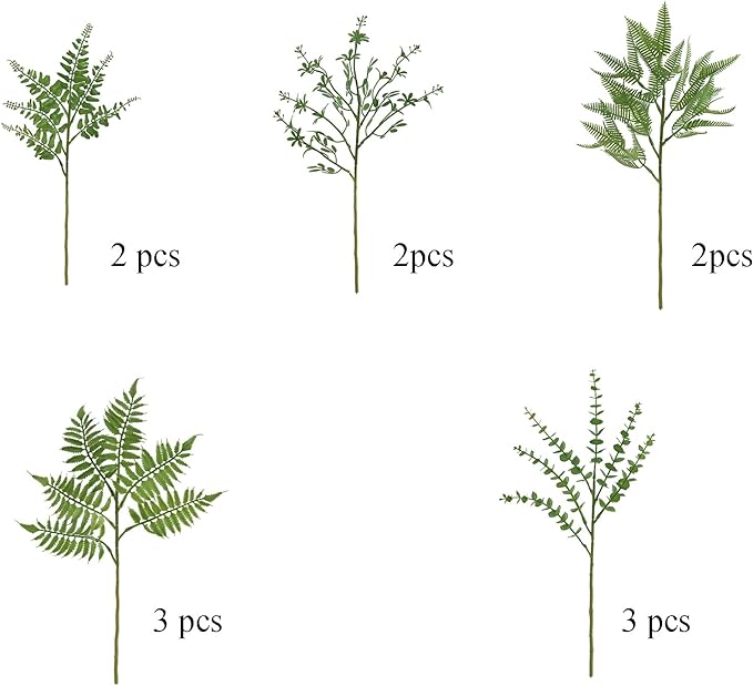 12 Pcs Mixed Eucalyptus Leaves Stems, Faux Branches with 5 Kinds of Leaves for Wedding Bouquet Table Centerpieces - Green