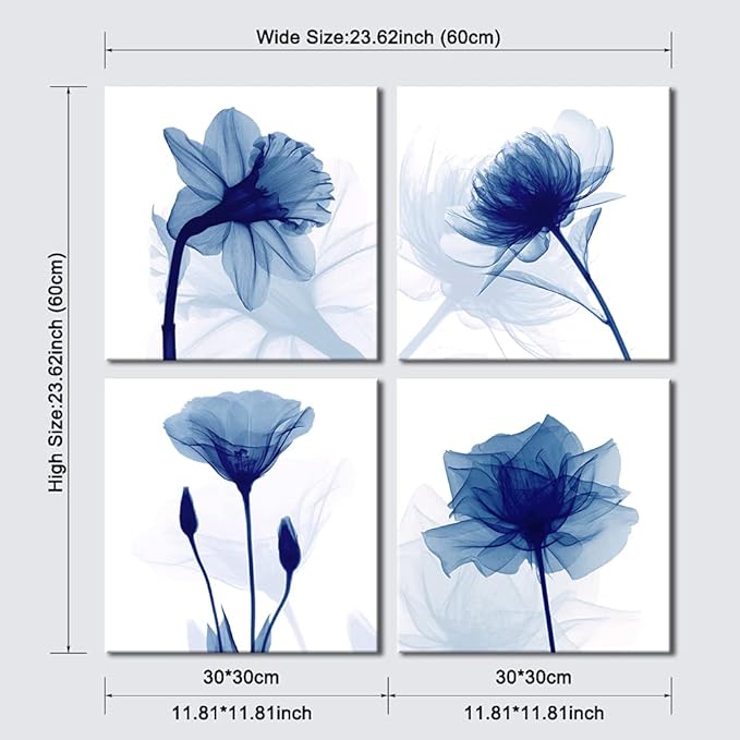 Pyradecor Blue Flickering Flower Modern Abstract Paintings Canvas Wall Art Gallery Wrapped Grace Floral Pictures on Canvas Prints 4 Panels Artwork for Living Room Bedroom Office Home Decorations