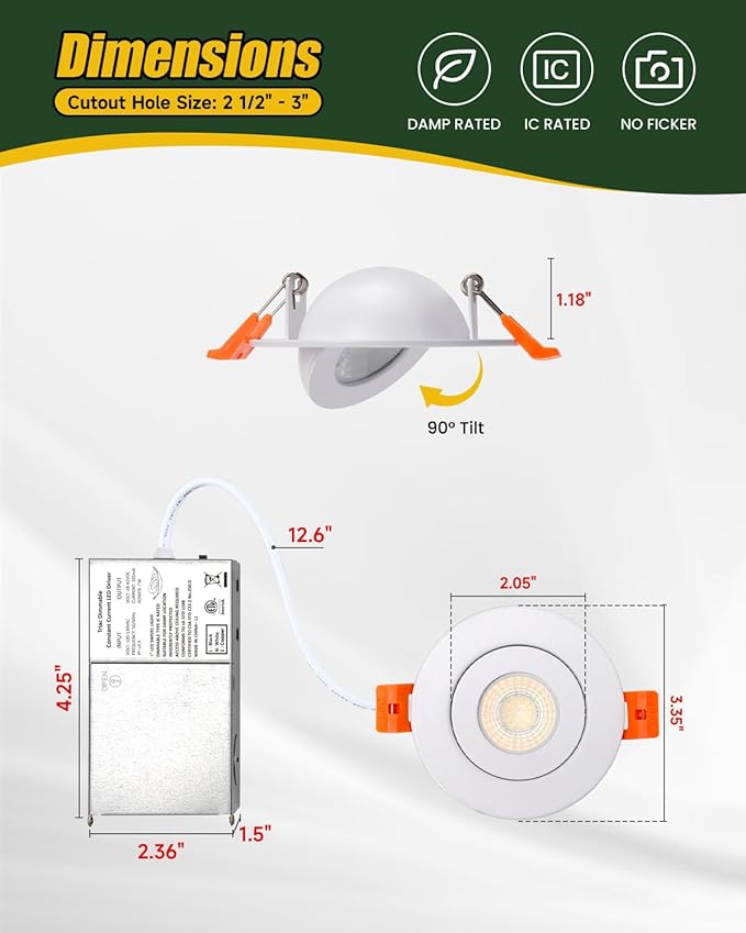 ZYC Gimbal LED Recessed Lighting - 3 Inch 5CCT 7W 360° Rotation Adjustable Eyeball Light,LED Swivel Spotlight,Directional Sloped Ceiling Light,Dimmable Wafer Downlight Pack of 6 Brushed Nickel.