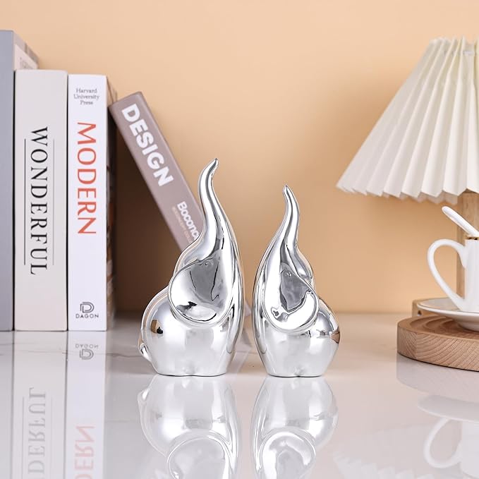 Ceramic Elephant Figurines with Trunk Up, Pair Couples Loving Statue, Small Figurines Sculpture African Home Decor, Valentine Elephants Gifts for Women, Wedding Knick Knacks(Silver