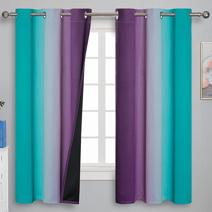 Teal and Purple Gradient Curtains 63 Inch Length 2 panels, Ombre and Wavy Line Pattern Blackout Curtains for Kids Room, Full Light Blocking Thermal Insulated Grommet Drapes for Bedroom, 42x63 Inch