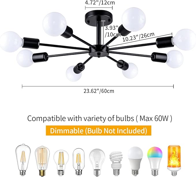 23.62'' Semi Flush Mount Ceiling Light, 8-Lights Modern Chandelier Black Living Room Light, Sputnik Light Fixtures Chandelier for Bedroom Kitchen Study Office