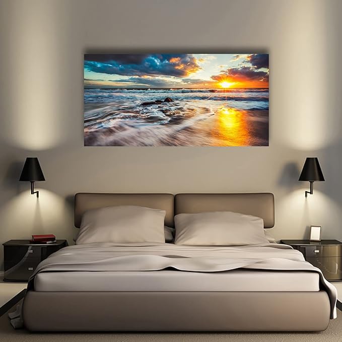 Yxbhhym-Large Ocean Wall Art for Living Room Canvas Beach Painting Sunrise Print Art Sunset Seascape Wall Pictures Yellow Sea Waves Poster Decoration Office Kitchen Wall Dรฉcor Bedroom Accessories