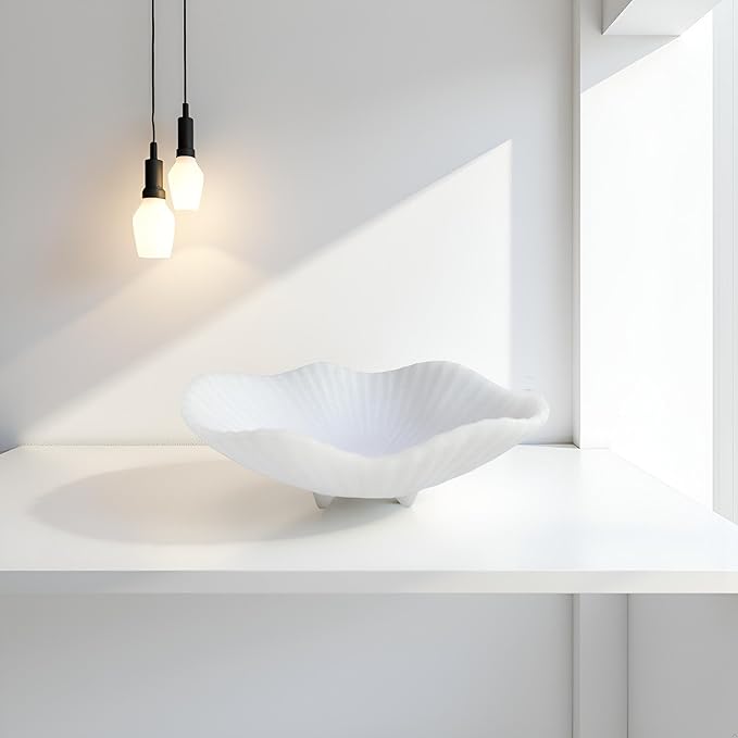 Large Decorative Bowl decor, Scalloped Pedestal Bowls,Modern Home Decor,Ruffle Decor,Stylish Key Bowl for Entry Table,Decorative Fruit Bowl for Kitchen Counter, Artificial Stone Milky white