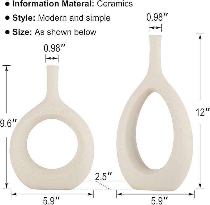 Off White Ceramic Hollow Elliptical Vase Set of 2 - Boho Circle Vase with Hole, for Modern Off White Table Decor, Living Room Decor Shelf mid Century Modern Home Entrance Decorative vase