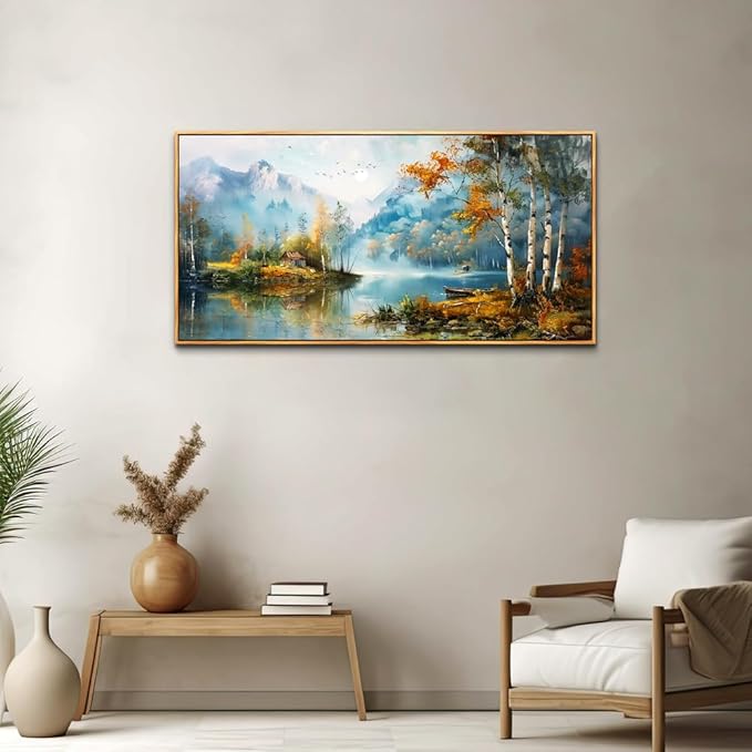 ZUITINGHUA Large Wood Framed Wall Decor For Living Room Canvas Wall Art For Office Modern Wall Decorations For Bedroom Lake View Painting Tree Forest Pictures Artwork Room Home Decor 24x48 In