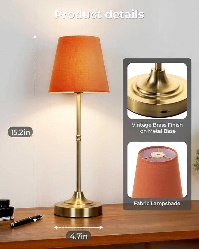 Cordless Rechargeable Lamp, Touch Dimmable Bedside Table Lamp with 3 Fabric Shade, 5200mAh Small Wireless Led Lamps for Nightstand, Portable Lamp for Bedroom, Living Room, Kitchen Counter, Brass