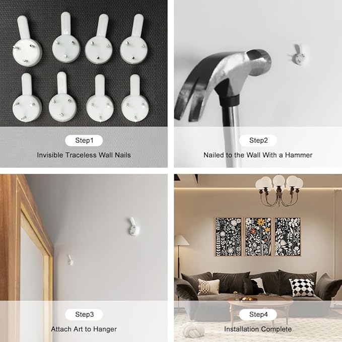 HOURIA Large Moody Boho Floral Framed Canvas Wall Art Set,Mid Century Black Flower Leaf Wall Decor,Retro Dark Wildflower Artwork,Minimalist Botanical Art Print for Living Room,Bedroom,Office-24"x36"x3