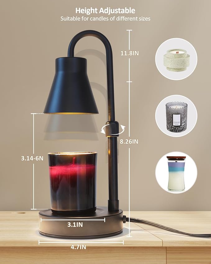 Candle Warmer Lamp with Adjustable Height, Stepless Dimming Function-Home Decor Lamp, Metal Candle Lamp for Jar Candles, No Flame Scented Candle Warmer with 2 Bulbs (Black)