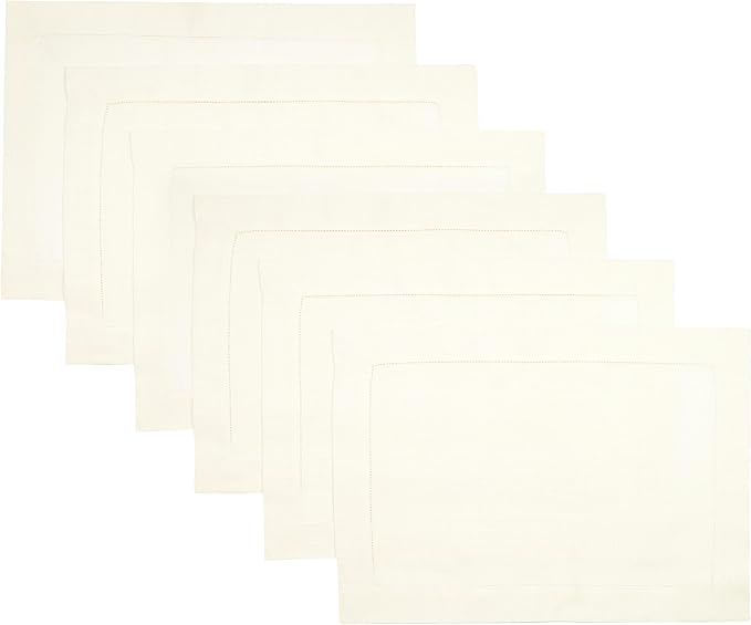 D'Moksha Homes Linen Placemats Set of 6 - Classic Hemstitch Ivory Placemats 14 x 19 Inch - 100% Pure Linen Table Mats for Fall, Autumn and Halloween - Handcrafted and Machine Washable
