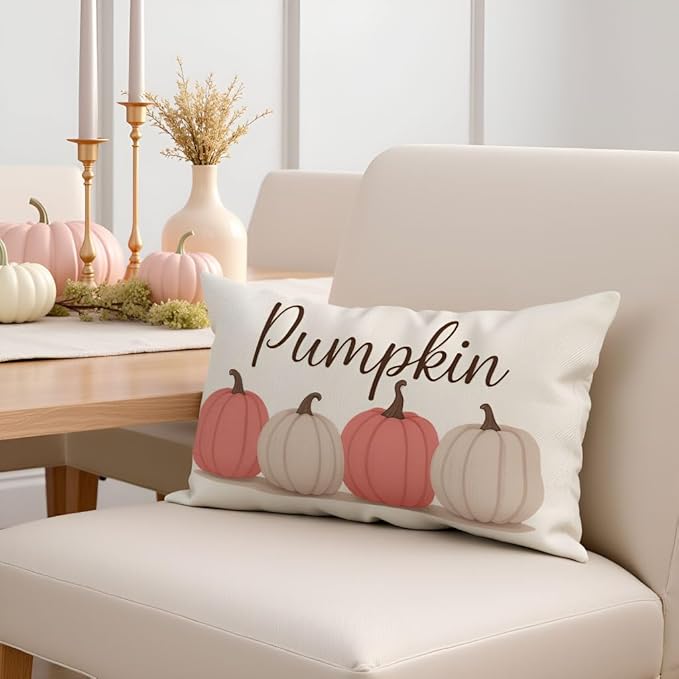 PANDICORN Fall Throw Pillow Covers 12x20, Blush Pink Pumpkin Fall Decorations for Home Decor, Thanksgiving Autumn Lumbar Decorative Cushion Case for Living Room Bedroom Sofa Couch