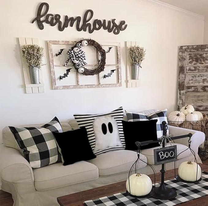 AACORS Halloween Throw Pillow Cover 20X20 Inch White Ghost Striped Decorations Holiday Farmhouse Cushion Case for Home Sofa Couch Decor AA012-20