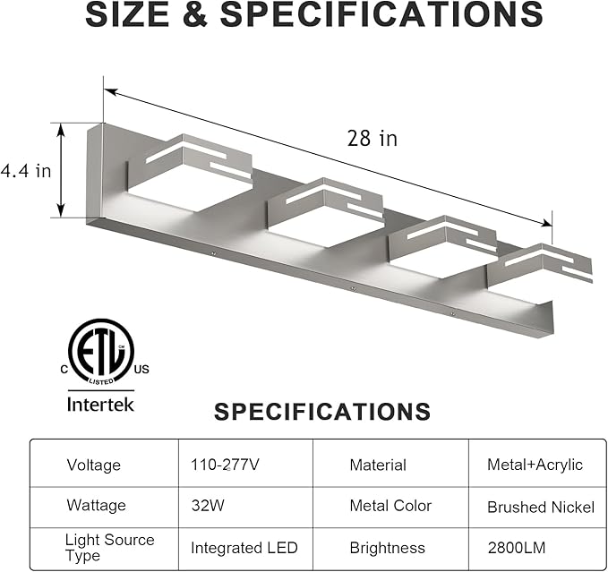 LED Modern Bathroom Vanity Light Fixtures,4-Light 28-inch Dimmable Brushed Nickel Vanity Lights for Bathroom Lighting Fixtures Over Mirror, with 350° Rotatable Acrylic Heads (Cool White 6000K)