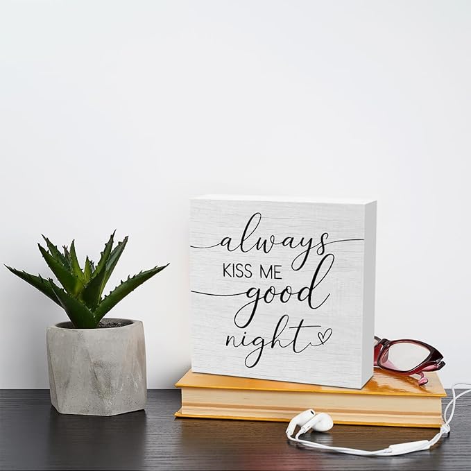 Good Night Bedroom Quote Home Decor Accessories Rustic Wooden Box Sign Desk Decor for Family Couple Couples Table Shelf Wall Living Room Home Bedroom Farmhouse Wood Block Plaque Box Sign