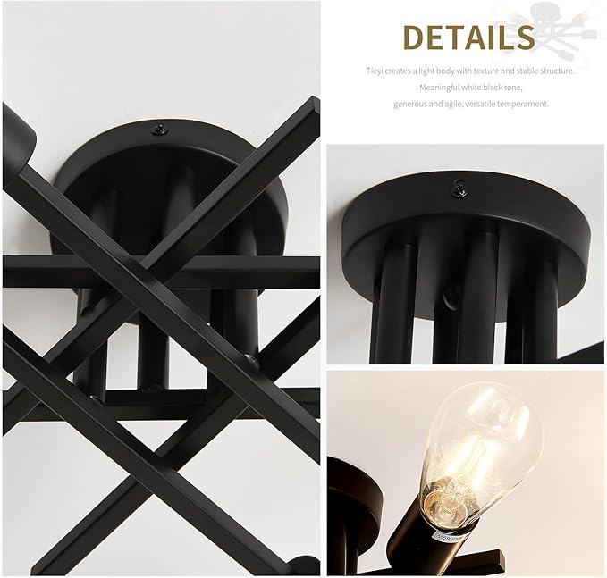 ASGYISA 6-Lights Semi Flush Mount Ceiling Light Fixture 2-Pack Black Vintage Matte Sputnik Chandelier Ceiling Lamp for Farmhouse Dining Room Living Room Bedroom Kitchen Entryway