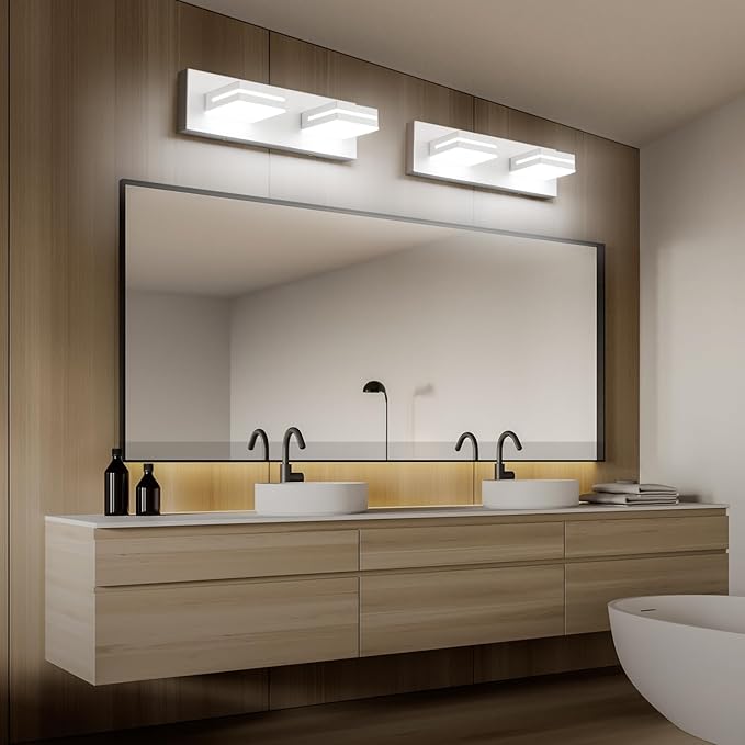 SineRise LED Modern Bathroom Vanity Light Fixtures (2-Light, 15.5-Inch), Matte White Modern Acrylic Bathroom Wall Lighting Fixtures Over Mirror (Cool White 6000K)