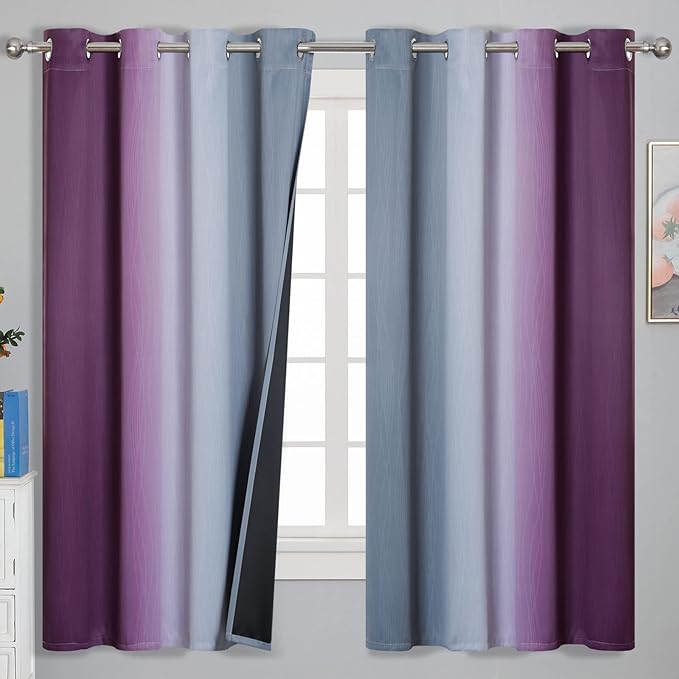 Ombre Purple and Gray Blackout Curtains 63 Inch Length 2 panels, Full Room Darkening Grommet Thermal Insulated Gradient Drapes for Girls Room, Full Light Blocking Curtains for Bedroom, 52x63 Inch