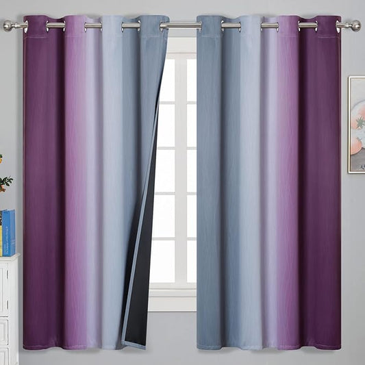 Ombre Purple and Gray Blackout Curtains 63 Inch Length 2 panels, Full Room Darkening Grommet Thermal Insulated Gradient Drapes for Girls Room, Full Light Blocking Curtains for Bedroom, 52x63 Inch
