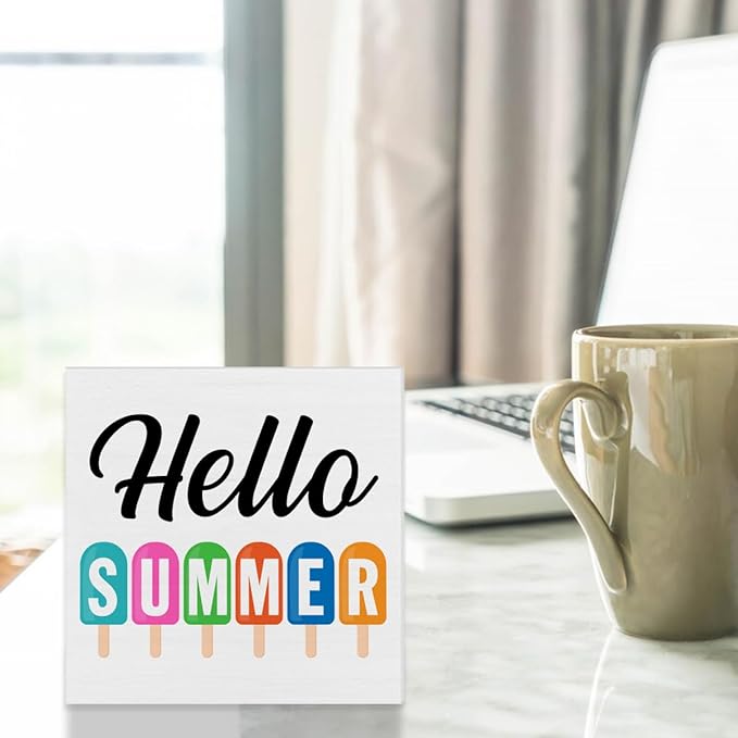Summer Sign Decor Hello Summer Wood Block Sign Home Kitchen Desk Table Shelf Decoration